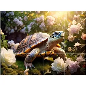 เต่าในสวนกับการ์เดนิสกระเบื้องภาพจิตรกรรมฝาผนังห้องครัวห้องน้ำศิลปะผนังผนังอุปกรณ์เสริม backsplash - Product Image 1