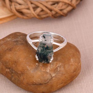 Oxidized Sterling <b>Silver</b> Moss Agate Coffin <b>Ring</b> <b>Boho</b> Southwestern Statement Jewelry Gothic Witchy Gemstone <b>Ring</b> Handmade Gift - Product Image 1