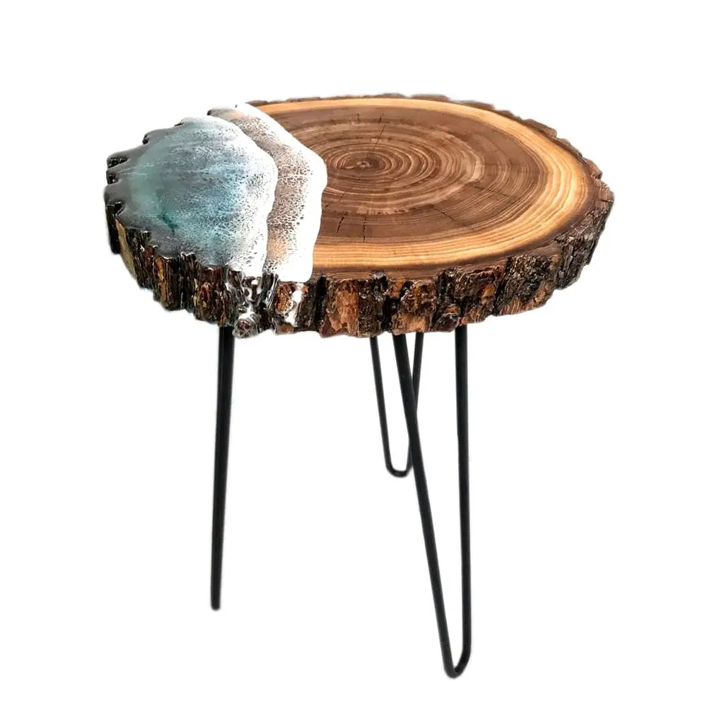 3 Leg Wooden Side Table With Tree Bark Design Top And Ocean Wave Design On Corner With Customized Color And Size