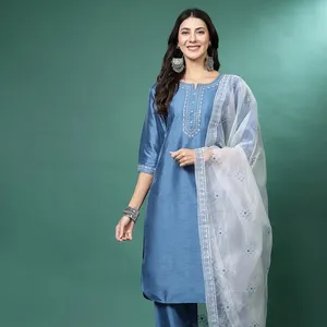 Exclusive Indian Pakistani Clothing Women's Festive Wear Blue Embroidered Kurta with Pant & Dupatta Sets Latest Ethnic Wear Sets