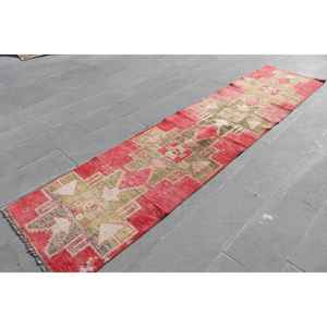 Turkish Vintage <b>Runner</b> Rug 2.6x11.7 ft, <b>Red</b> Green Solid Rug - Product Image 2