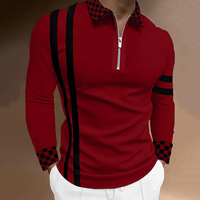 T-shirt respirant pour homme, coupe ajustée, manches longues, motif rayé et col à carreaux, style streetwear, en polyester tricoté