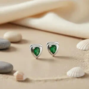 Pendientes de Botón de Esmeralda en Forma de Corazón Plateados con Diamante Talla Pera, Chapados en Oro Rosa, para Mujer, Estilo Moderno para Compromiso - Product Image 2