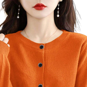 <b>Women's</b> Plus Size <b>Orange</b> Button Front Viscose <b>Cardigan</b> Long Sleeve Knit Sweater Crew Neck for Casual Winter Wear - Product Image 3