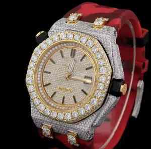 Montre élégante et classique pour homme, en acier inoxydable, avec bracelet en cuir, diamants en moissanite de luxe, clarté VVS, mouvement mécanique entièrement serti - Product Image 1