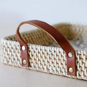 Hot Selling Rattan <b>MOP</b> Square Serving Tray with Leather <b>Handle</b> for Table and Kitchen Wares Direct Wholesale From Vietnam - Product Image 3