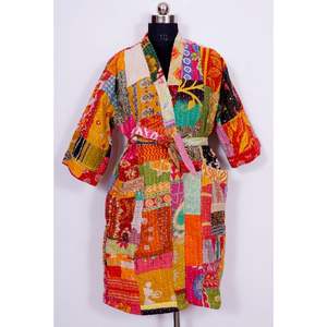 Vintage bengalí Gudri túnicas viejo Kantha edredón Kimono hecho a mano chaqueta de invierno abrigo impreso tela de gamuza Material - Product Image 2