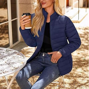 Chaqueta Acolchada Ligera para Mujer, Abrigo de Invierno con Cierre Completo, Cuello Alto, Estilo Casual, Azul - Product Image 3
