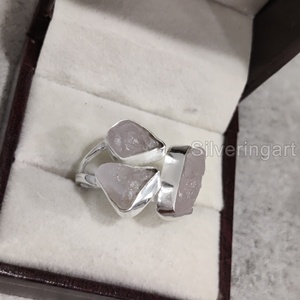 Exporter des bijoux en pierre brute Bague pour femme Quartz rose brut naturel Pierre précieuse Pierre de naissance d'avril Triple pierre Bague en argent sterling 925 - Product Image 2