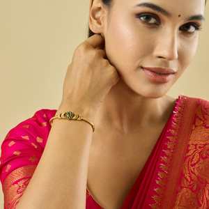 Antique Fashion Copper Alloy Flower Bangle with Gold Polish Green/<b>Ruby</b>-Green Synthetic Stones for Women's Wedding 184519 Kada - Product Image 2