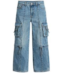 Pantalones Vaqueros Cargo de Mezclilla de Pierna Ancha y Cintura Alta para Mujer, Personalizados por el Fabricante, Lavado Azul Claro, Multibolsillos, Estilo Urbano, Casual, a la Moda - Product Image 1