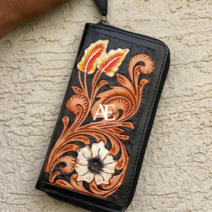 Billetera de cuero estilo occidental para mujer, cartera de mano de cuero tallado en relieve, elegante, pintado a mano - Product Image 1