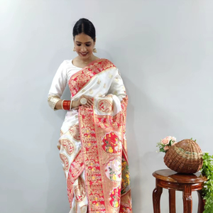 Banarasi estilo hermoso Meenakari trabajo suave seda blanco Saree diseñador indio tradicional boda fiesta Festival desgaste para mujeres - Product Image 1