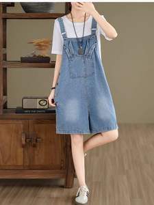 Denim High Quality Short Dungaree for <b>Women</b> Light Wash Distressed Vintage Effortless Style Bib <b>Overall</b> Button Printed Trendy - Product Image 4