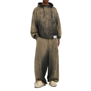 Tracksuit Men Vintage Cropped Zip Hoodie and Sweatpants Set <b>Distressed</b> Patch Embroidery Sun Faded Acid Wash Tracksuit - Product Image 1