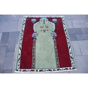 Alfombra de lana turca Vintage alfombra islámica verde roja 3,3X3,9 pies diseño de retazos para decoraciones de sala de estar látex de 10mm de espesor - Product Image 1