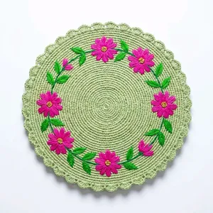 <b>Round</b> Handmade raffia Bohemian Table <b>Mat</b> With Pink Floral Embroidery Green Base - Product Image 1