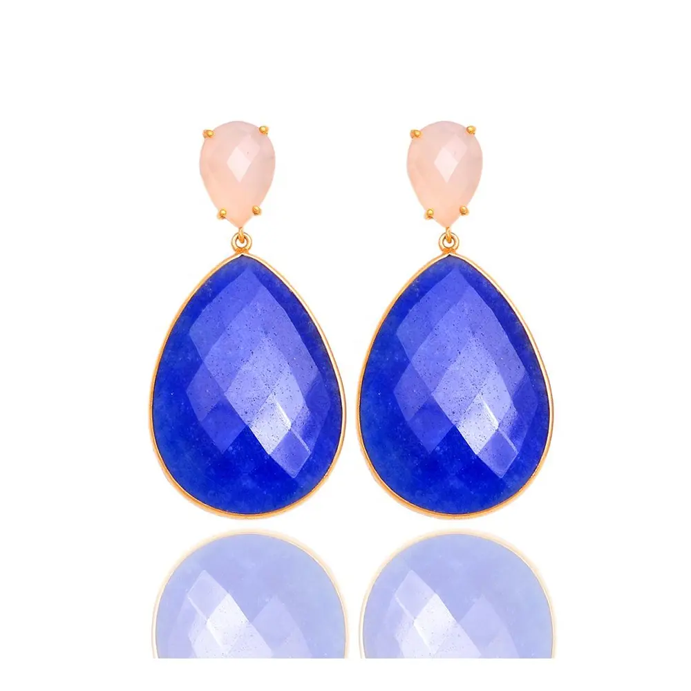 Beautiful Manufacturing 925 Sterling Silver Gold Plated Blue Jade Chalcedony Gold Plated Fancy Dangle Earrings