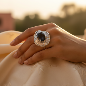 Romantic Silver Sapphire Women's <b>Ring</b> White CZ Accents Fashionable Inlay Hip-Hop <b>Eternity</b> Trendy Princess Cut Diamond Rhodium - Product Image 2