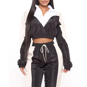 Ensemble de survêtement coupe-vent bicolore pour femme, 2 pièces : sweat à capuche court à demi-zip et pantalon de jogging – Tenue de sport élégante - Product Image 1