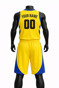 Ensemble Maillot et Short de Basketball Personnalisé Jaune et Bleu – Nom et Numéro d'Équipe – Uniforme Respirant en Maille à Séchage Rapide Sublimé - Product Image 2