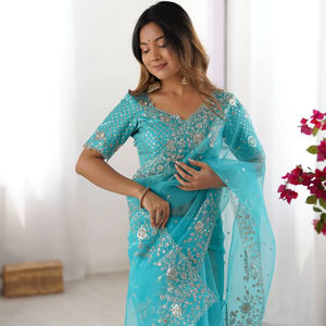 Sari de Diseño Bollywood de Seda Organza Pesada con Elegante Bordado de Hilo y Lentejuelas, Largo hasta el Suelo, para Fiestas y Eventos - Product Image 1