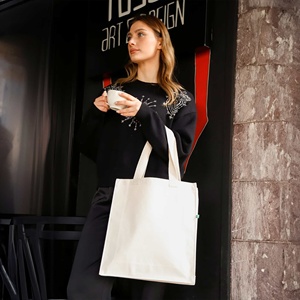Trendy Recycled Canvas Cotton Tote <b>Bag</b> Eco-Friendly Durable <b>Long</b> Handle Medium Size Letter Screen for Daily Use Advertising - Product Image 3
