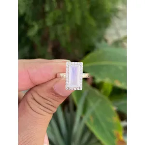 925 Silver Rainbow Moonstone Ring Dainty Geometric Gemstone Marquise Cut with Rhodium Plating Rhodium Set Engagement Ring - Product Image 1