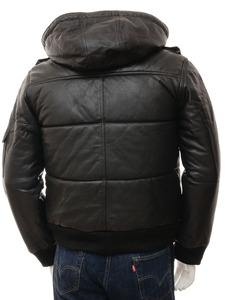 Blouson Bomber en Cuir Véritable à Capuche Unisexe Style Urbain Logo Avant Coupe-Vent Hiver Enduit - Product Image 6