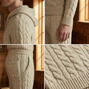 Conjunto de Dos Piezas de Chándal de Punto con Estampado Beige Estilo Old Money de Lujo para Hombre, Suéter de Cuello Alto de Corte Holgado con Parches de Gamuza - Product Image 6