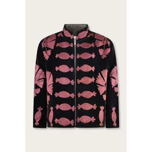 Chaqueta de Terciopelo Negro con Bordado Suzani Rosa, Reversible, Acolchada, Estilo Varsity, Talla XL, Otoño Invierno, Tela Satén, Forro de Algodón - Product Image 2