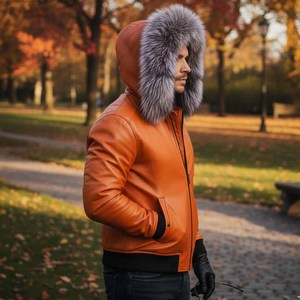 Blouson de moto en cuir pour homme, motif à carreaux, respirant, à capuche, été, couleur orange - Product Image 2