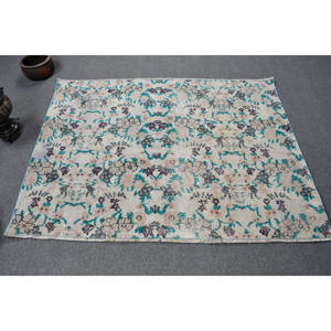 Classique Beige bleu 5.4 X 4ft fait à la main tapis turc laine Polyester Patchwork Rectangle Design pour salon chambre pour adolescents - Product Image 1