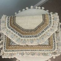 Tas clutch bordir tenun aztec warna-warni dengan rumbai payet emas, tas amplop etnik boho untuk wanita, tas tangan pesta malam