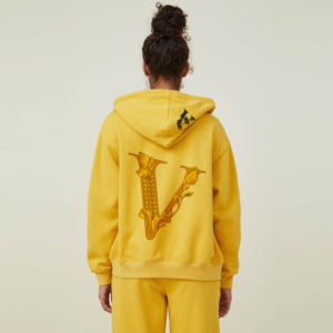 Vente en gros de sweats à capuche jaunes avec fermeture éclair pour femmes, patchs de broderie sérigraphiés personnalisés, sweats à capuche vintage à fond épais - Product Image 3
