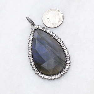Collier chaîne en diamant baguette naturel, pendentif en pierre précieuse labradorite en forme de poire, bijoux fins, vente en gros, argent 925 oxydé - Product Image 2