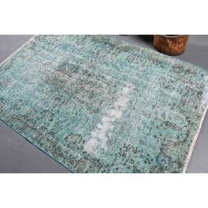 Alfombra turca antigua azul verde de 5x7 pies, lana clásica de área grande con respaldo de látex, patrones abstractos rectangulares para uso en el pasillo - Product Image 4