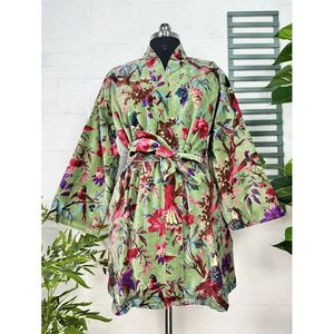 Luxury Unisex <b>Kimono</b> <b>Jacket</b> Elegant Bird Green Malibu Bluish Reversible <b>Silk</b> Lined Autumn Winter House Robe-One Size Fits All - Product Image 3
