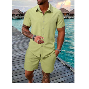 Ensemble décontracté deux pièces pour homme : chemise à revers à manches courtes et pantalon long en polaire respirant – Collection été - Product Image 1