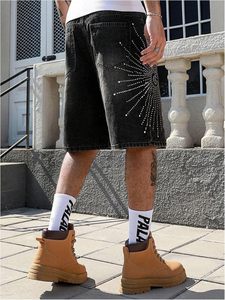 Classi-Pantalones cortos de mezclilla con diamantes de imitación para hombre, con apertura en la pierna ancha, de algodón transpirable y tejido elástico, pantalones cortos de mezclilla de secado rápido para hombre - Product Image 3