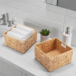 ISLA Juego de 2 Cestas Cuadradas Apilables de Jacinto Tejidas a Mano, Contenedores Organizadores de Frente Abierto con Asas Integradas, Venta al por Mayor OEM - Product Image 1