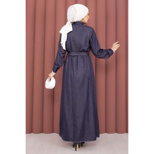 Robe en denim Tencel bleu marine avec col à volants, style chemise décontractée semi-boutonnée, manches courtes, plissée, pour l'été - Product Image 6