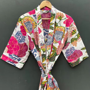 Kimono de algodón blanco con estampado de frutas, ropa de dormir para mujer, albornoz, bata, talla única para verano y otoño - Product Image 1