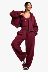 Ensemble de survêtement pour femmes, sweat-shirt court décontracté élégant de couleur bordeaux, pantalon large, tenue de détente d'hiver coupe-vent confortable - Product Image 3