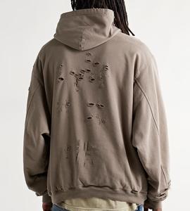 Sudadera con capucha de invierno personalizada Streetwear Vintage Ripped Kangaroo Pocket French Terry Distressed impermeable hombres sudaderas con capucha - Product Image 4