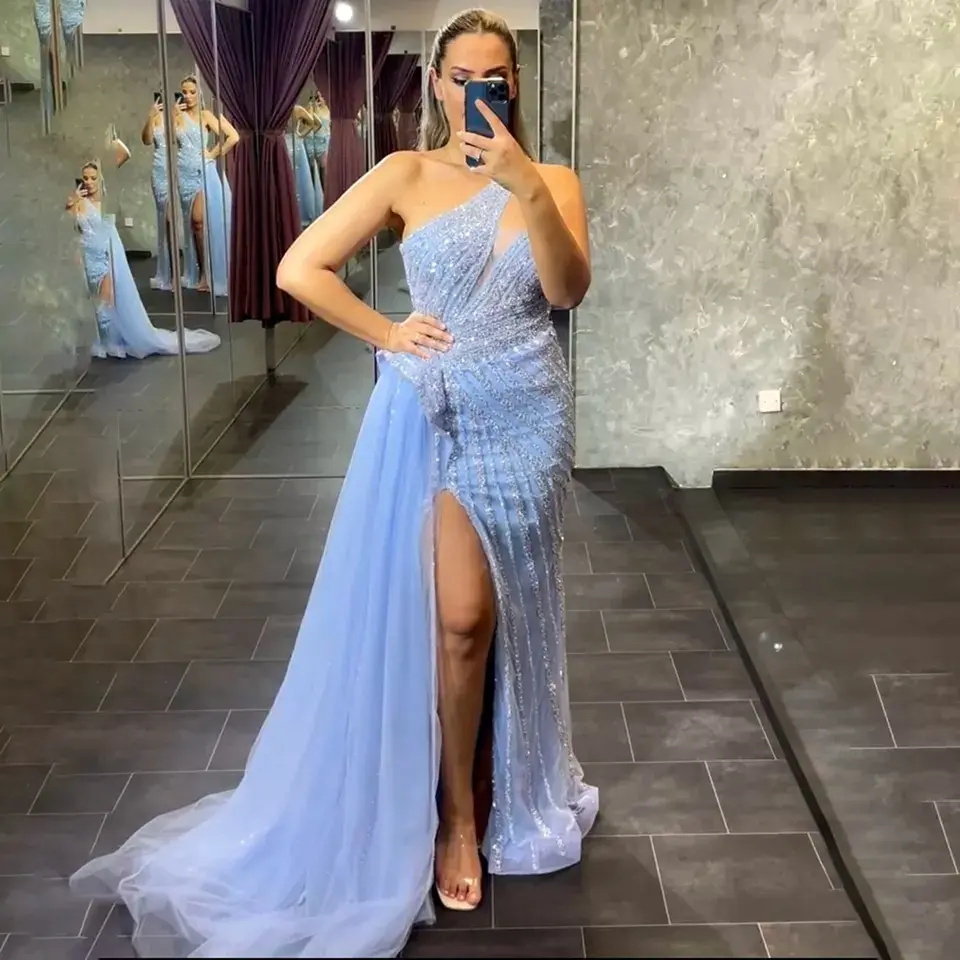 4 Color Mermaid Elegant Sexy 2023 Prom Gowns High Slit One-Shoulder Evening Dresses Gowns With Overskirt