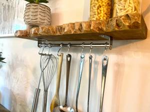 Wood Chunky Floating <b>Shelf</b> With Hidden Bracket Utensil <b>Rack</b> And <b>Metal</b> Hooks For Kitchen Display And Industrial Home Wall Decor - Product Image 2