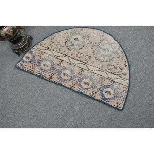 พรมขนสัตว์ตุรกี1.5ft วินเทจสีเบจและน้ำเงินดีไซน์แบบเย็บปะติดปะต่อกันแผ่นยางรองแบบสานเรียบสำหรับตกแต่งห้องนั่งเล่น - Product Image 2