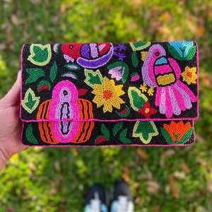 MS Handicraft Tropical Floral Glass Beaded Clutch Forma personalizable y color Fiesta mexicana Monedero con cadena cruzada - Product Image 1