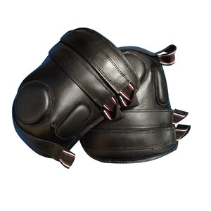High Quality 100% Real Black Leather Horse Riding Polo Knee Guards with <b>3</b> Straps - Product Image 2